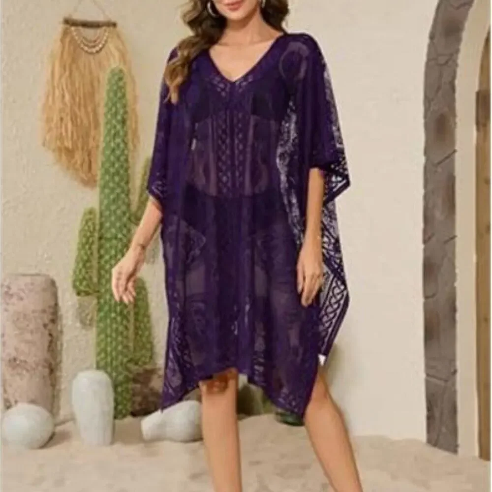 Sexy Elegant Purple Lace Beach Cover Up for Women, Bathing Suit Cover Up, V-Neck